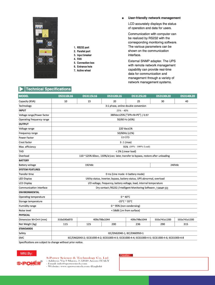 S-Power DS Series Online UPS 10-40 kVA (3:1 Phase) - specifications