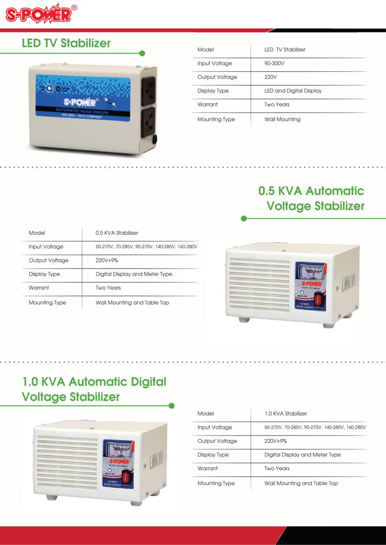 S-Power 1.0 kVA Automatic Digital Voltage Stabilizer - specifications