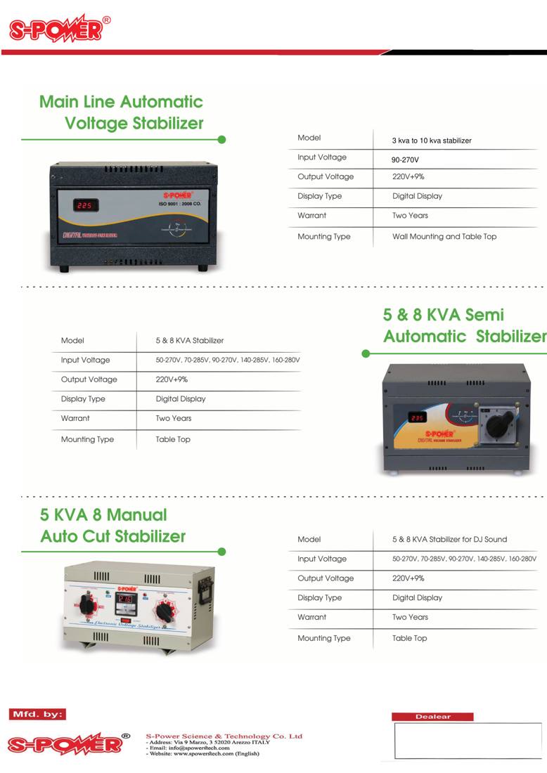 S-Power 5 & 8 kVA Semi Automatic Stabilizer - specifications