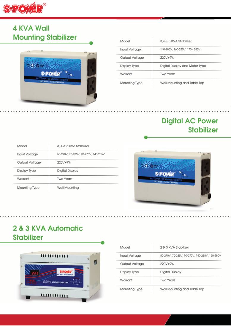 S-Power 2 & 3 kVA Automatic Voltage Stabilizer - specifications
