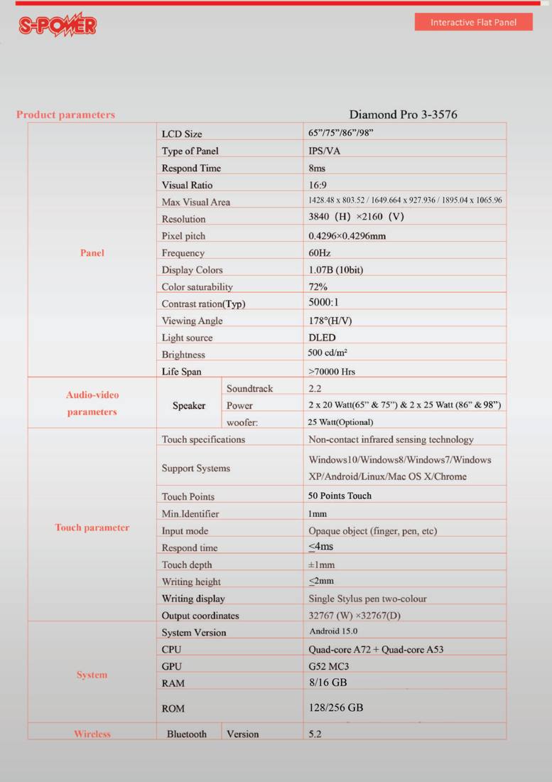 Diamond Pro 3-3576 Interactive Flat Panel 65" / 75" / 86" / 98" (Android 15) - specifications