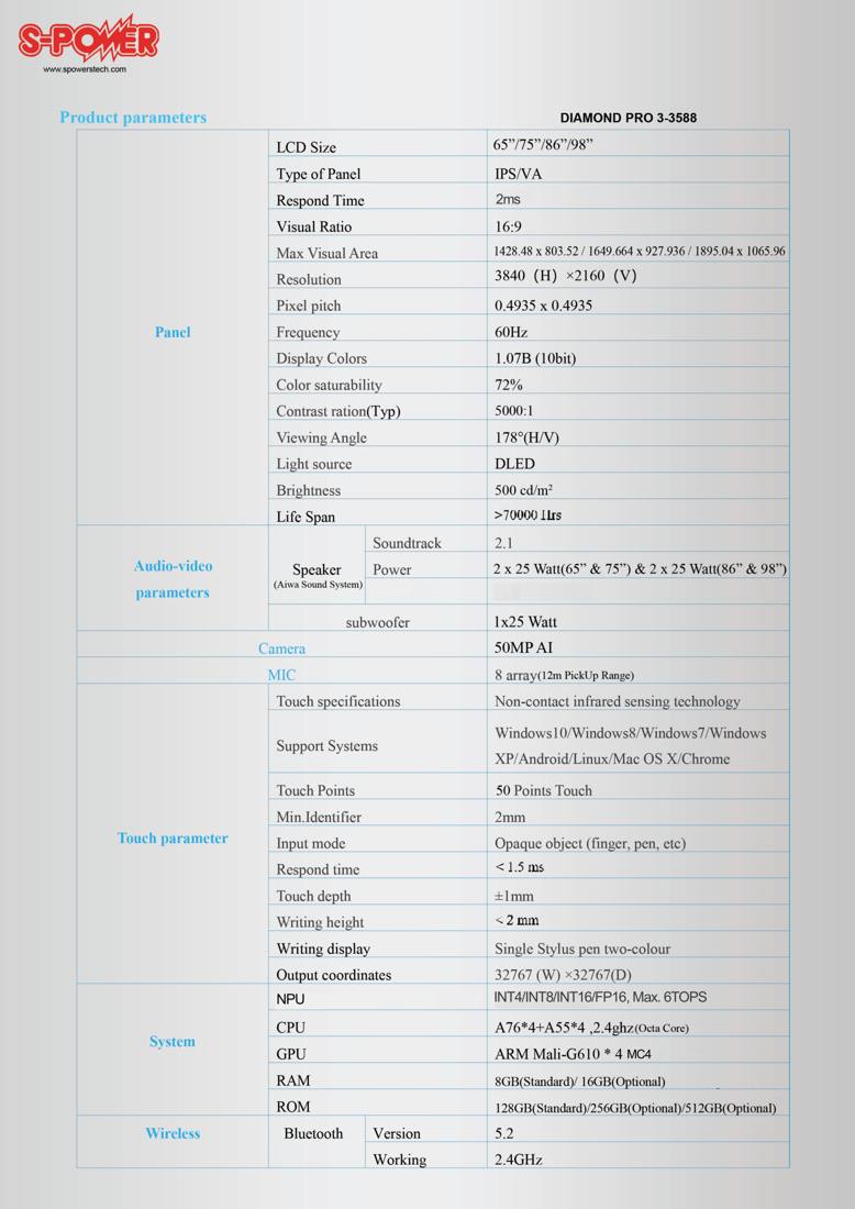 Diamond Pro 3-3588 Interactive Flat Panel 65" / 75" / 86" / 98" (Android 15) - specifications