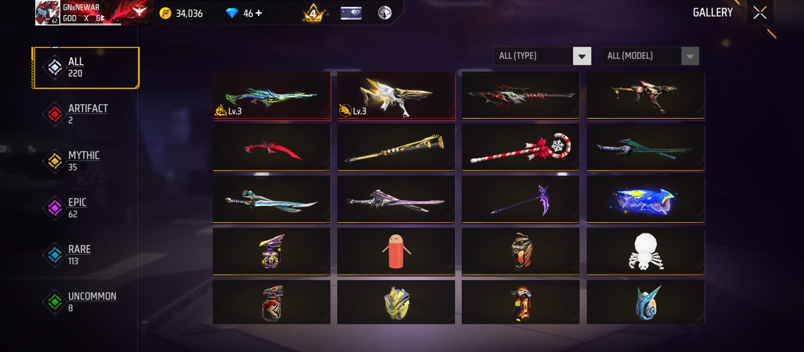 Free Fire MAX Account Level 62 - High Likes & Evo Skins